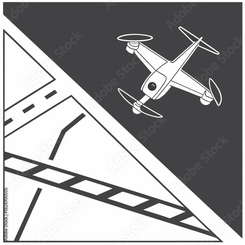 Modern quadcopter drone flying over abstract geometric landscape with roads and structures representing technology and future transportation concepts