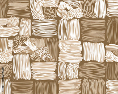 Fundo vetorial bege e marrom com textura abstrata de palha trançada em estilo artesanal e rústico.