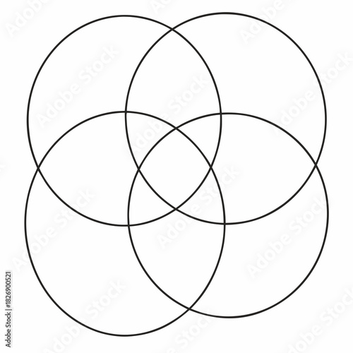 Abstract geometric pattern of five overlapping circles creating a symmetrical design with intersecting lines on a white background