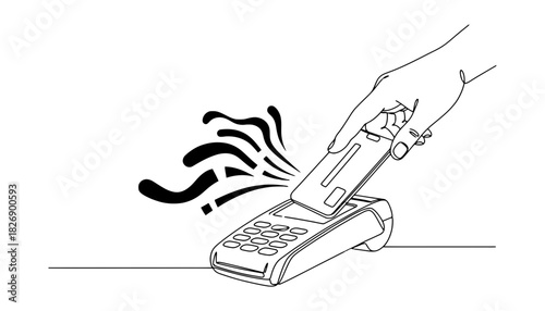 Hand using contactless payment with card reader in line art style