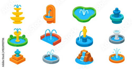 Colorful isometric fountains collection with water features in various designs