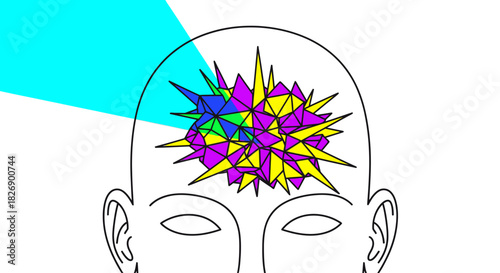A creative illustration depicts the concept of thought and imagination, with a vibrant explosion of color inside a human head, representing ideas.