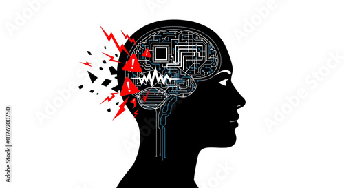 A silhouette of a human head with a brain depicted as a circuit board, experiencing mental overload and electrical surges, on a white background.