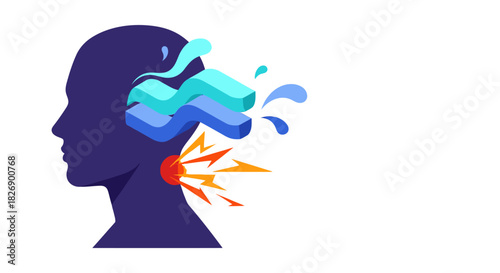 A conceptual illustration depicts a person's head with abstract water elements and pain emanating from the neck, symbolizing health issues.