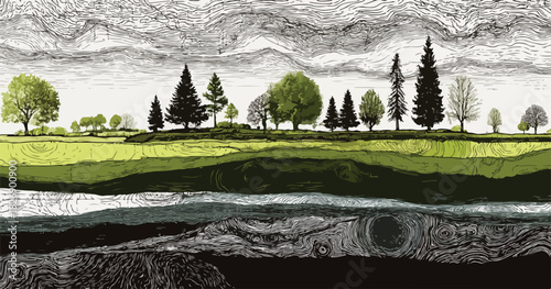 Vetor artístico de paisagem com camadas de solo, vegetação exuberante e céu nublado em estilo gravura.