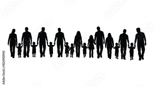 Family silhouettes walking together isolated on white background, Vector