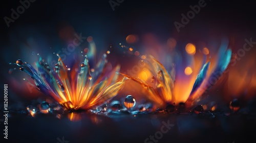 Luminescent floral elements glow brightly amidst scattered droplets of water in a dark setting