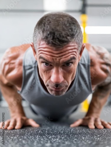 Intense workout session featuring push-ups and strength training in a gym setting with focused determination