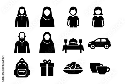 Silhouette icons: family, culture, and daily essentials in black and white