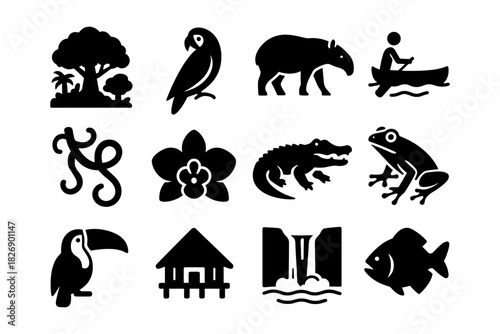Silhouette icons of amazon wildlife and culture including animals and landmarks