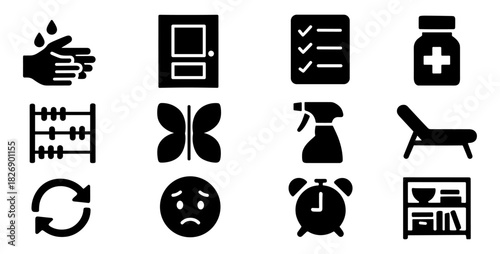 Essential icons set: hygiene, medicine, furniture, and more in bold black silhouette style