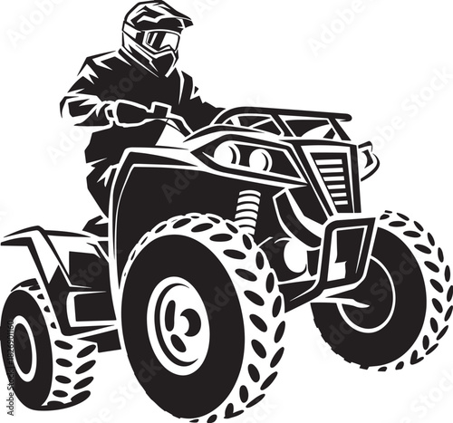 Cool quad bike with rider wearing helmet races across terrain on four large tires