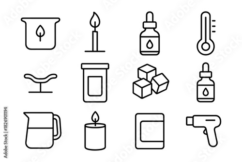 Minimalist line icons set: essential oil, candle, thermometer, sugar cubes, beaker, tools