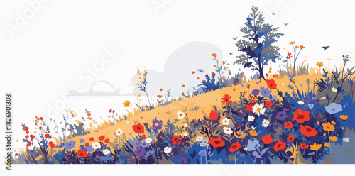 Um campo vibrante de flores silvestres coloridas florescendo em uma colina ensolarada, com uma árvore solitária ao fundo.