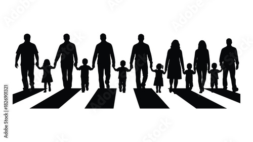 Family silhouettes on crosswalk isolated on white background, Vector