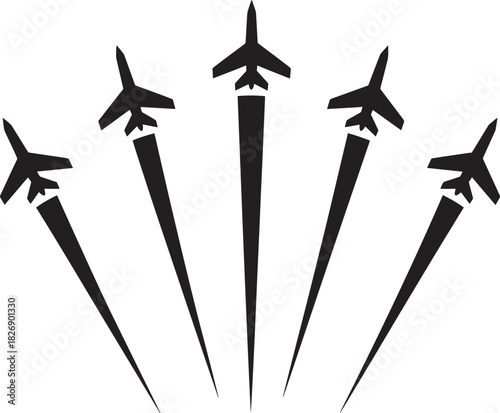 Five fighter jets silhouette flying in formation creating jet streams against backdrop