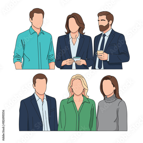 Illustration of six diverse people in business attire, with faceless features, in a group