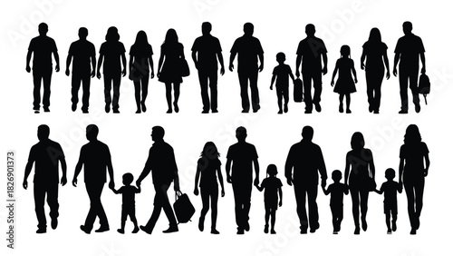 Diverse group of people silhouettes walking isolated on white background, Vector
