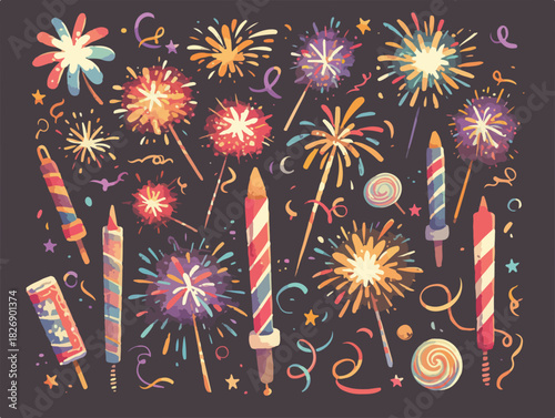 Explosão de cores e luzes: fogos de artifício e faíscas iluminam a noite em celebração festiva.