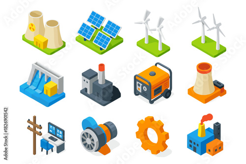 Isometric energy icons featuring renewable and industrial power sources