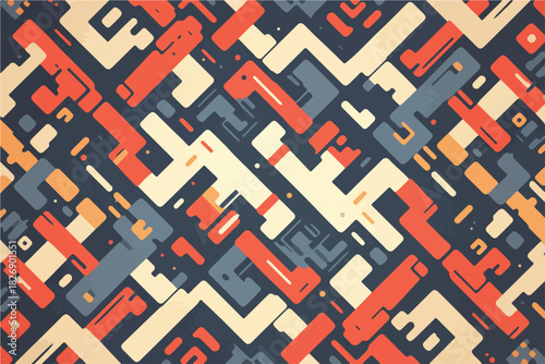 Padrão abstrato geométrico com formas interligadas em tons de azul, laranja e bege, estilo moderno.