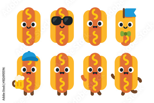 Cute cartoon hot dogs with various expressions and accessories on a white background