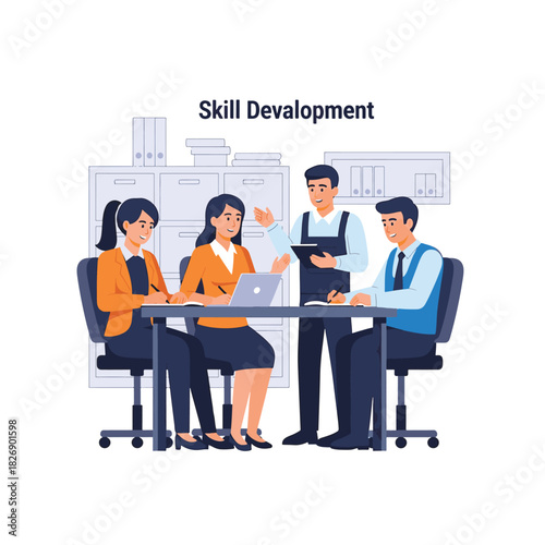 Illustration of skill development training with a diverse group of business professionals