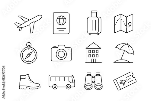 Travel essentials outline icons: airplane, passport, luggage, map, camera, and more