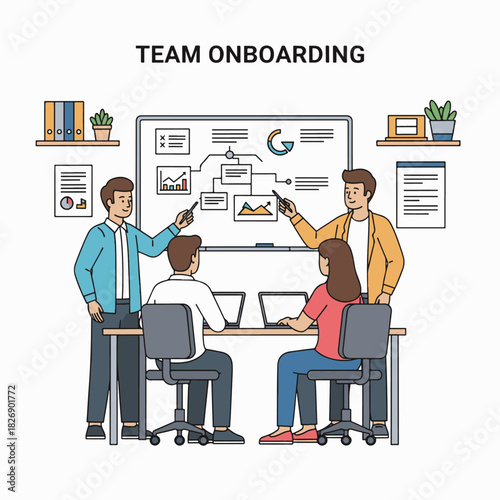Illustration of team members attending a presentation about team onboarding process.