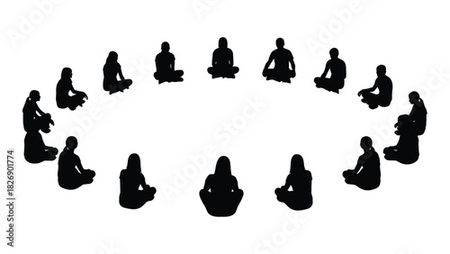 People silhouettes sitting in a circle isolated on white background, Vector