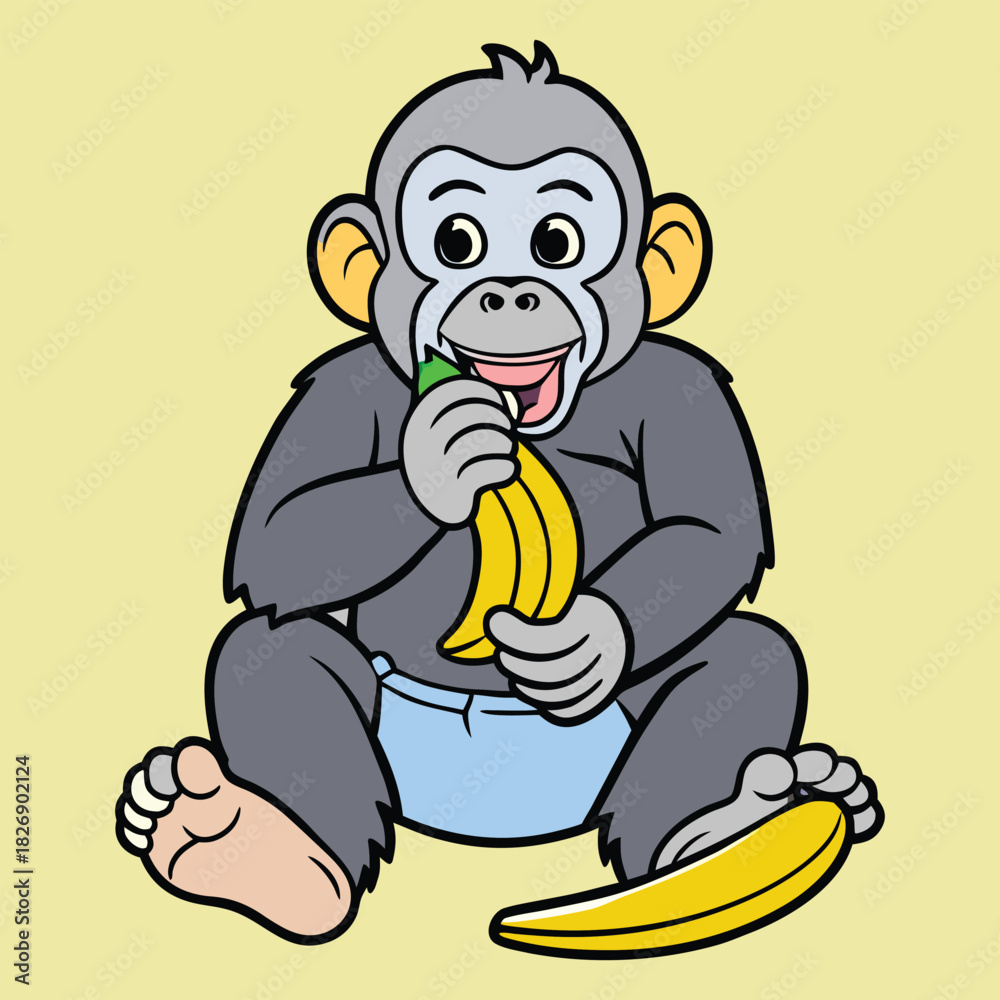Obraz premium A cute baby gorilla wearing a diaper is happily eating a ripe banana while sitting down, enjoying its sweet and nutritious snack on a light yellow background