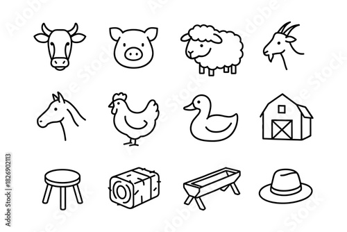 Farm animal and equipment icons in simple linear style for agricultural themes