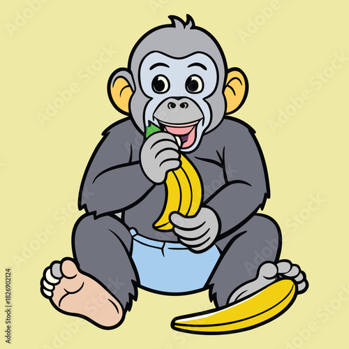 A cute baby gorilla wearing a diaper is happily eating a ripe banana while sitting down, enjoying its sweet and nutritious snack on a light yellow background