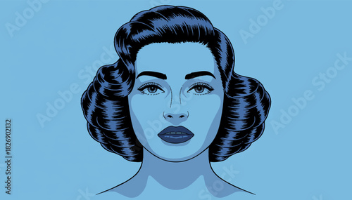 A flat illustration of a poster in the style of the 40s with a portrait of a woman on a blue background. Vector graphics. EPS.