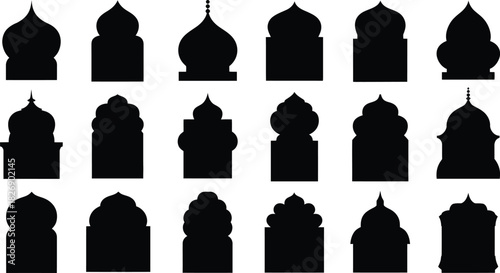 Collection of silhouette islamic architecture arches and domes representing mosque designs and cultural heritage ideal for architectural illustrations and ramadan designs