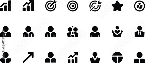 Collection of business and target icons in black silhouette representing growth achievement teamwork and professionalism for stock image platforms and graphic design projects