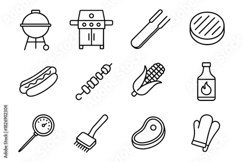 Barbecue icons set: grill, hot dog, corn, and more in outline style