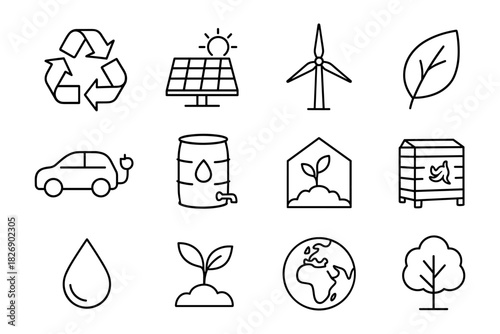 Eco-friendly icons: renewable energy, recycling, and sustainability in linear style
