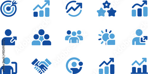 Collection of business and management icons representing teamwork growth success and strategy in a clean and modern style for professional use