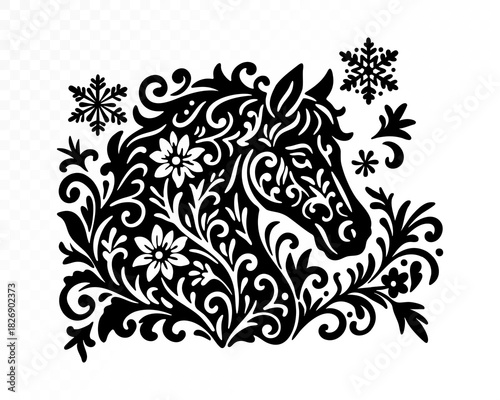 Elegant ornamental horse silhouette with folk floral patterns, decorative paper-cut style winter design with flowers, swirls and snowflakes for festive crafts and holiday projects. Vector illustration