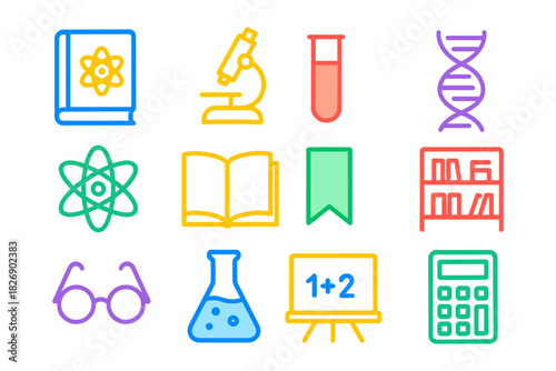 Colorful educational icons set: science tools and learning symbols