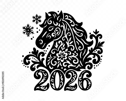 Ornamental floral horse 2026 silhouette with folk paper-cut patterns and snowflakes for New Year and Year of the Horse festive design. Vector illustration.