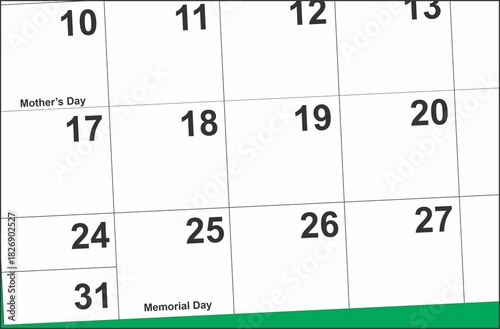 May 2026 Calendar Detail Mother's Day and Memorial Day
