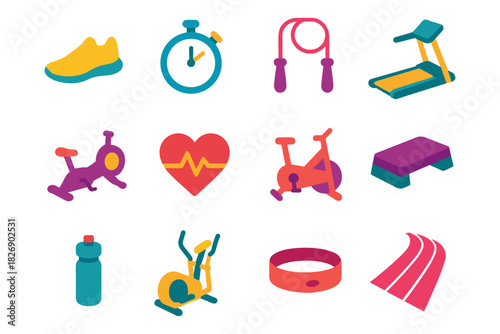 Colorful gym equipment icons set for fitness and exercise enthusiasts