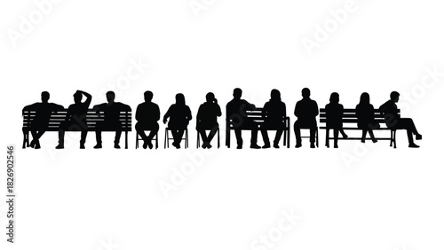 People silhouettes sitting on benches and chairs isolated on white background, Vector