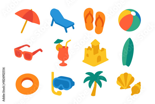 Colorful summer icons collection: beach, travel, and relaxation essentials