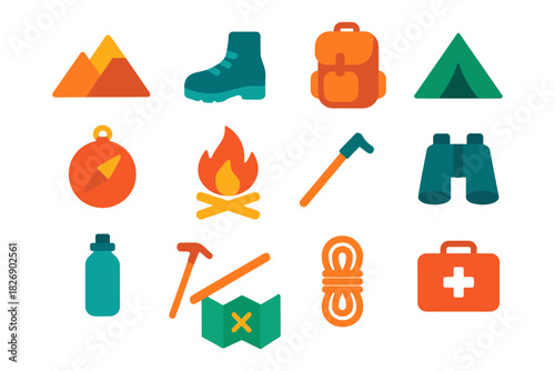 Camping gear icon set: essential hiking equipment for outdoor adventures