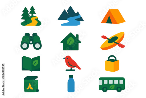 Colorful adventure and nature icons collection for outdoor activities and travel