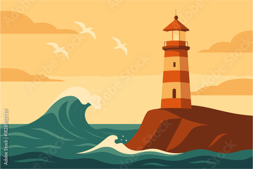 Coastal lighthouse at sunset with seagulls and waves in flat design