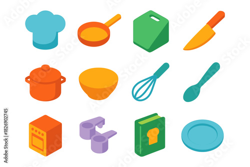 Colorful isometric kitchen utensils set with whisk, pan, and chef hat